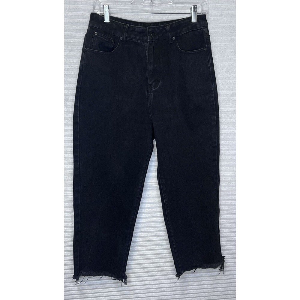 Lazy Oaf Women Faded Black Denim Mom Jeans SZ 30 Wide Leg Cropped Raw Hem